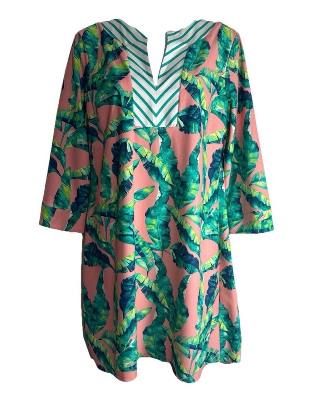 Cabana Life Tropical Leaf Print Tunic Dress in Pink and Green